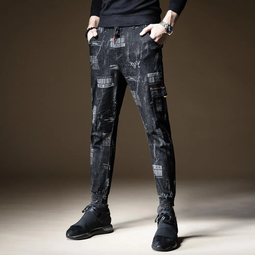 Printed Denim Men Drawstring Slim Jogger Pants