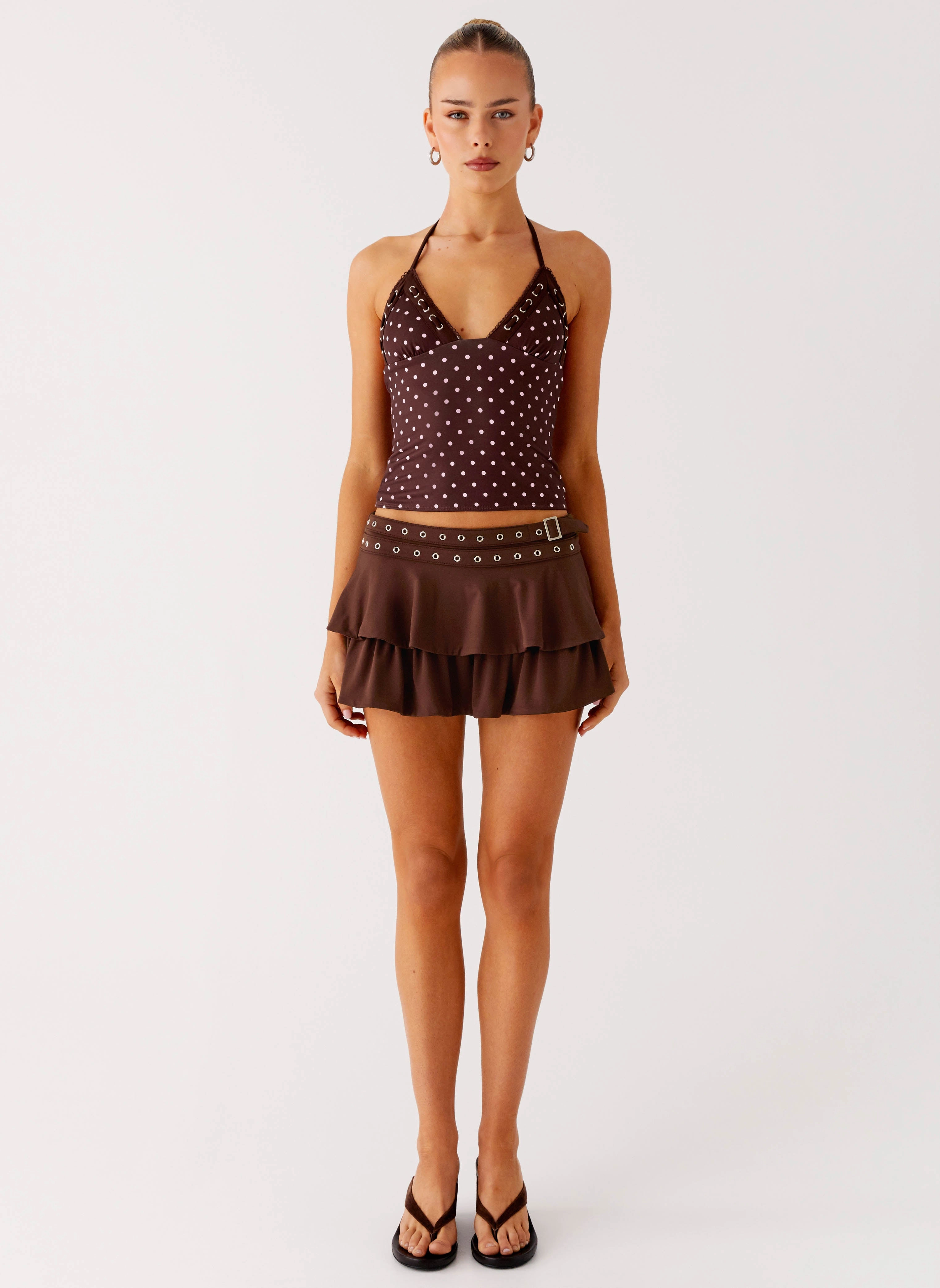 Timeless Fit GussetedCrotch Prologue Belt Mini Skort - Chocolate