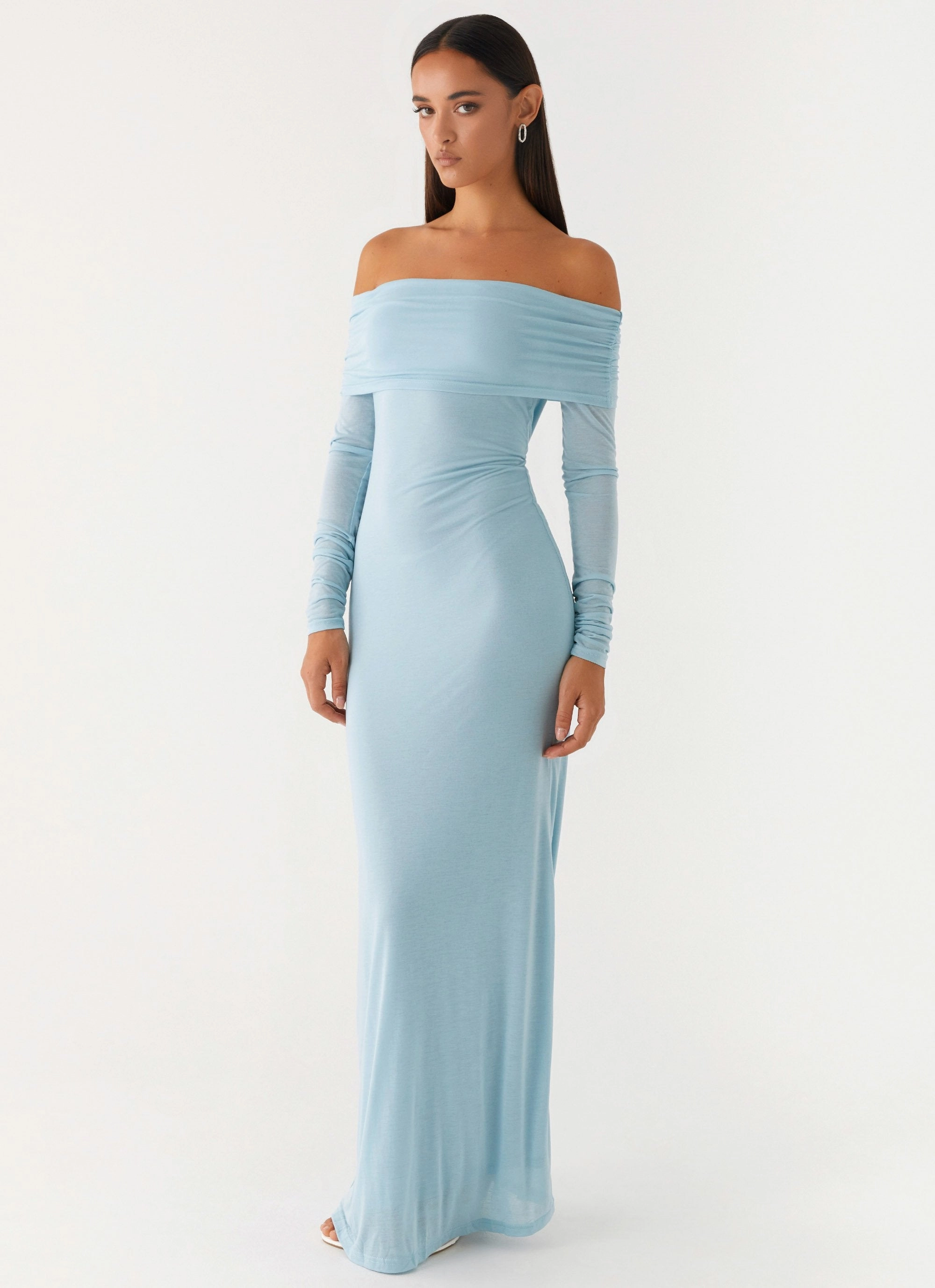 Cocoa Long Sleeve Maxi Dress - Blue Bold Design Scalloped-Edge