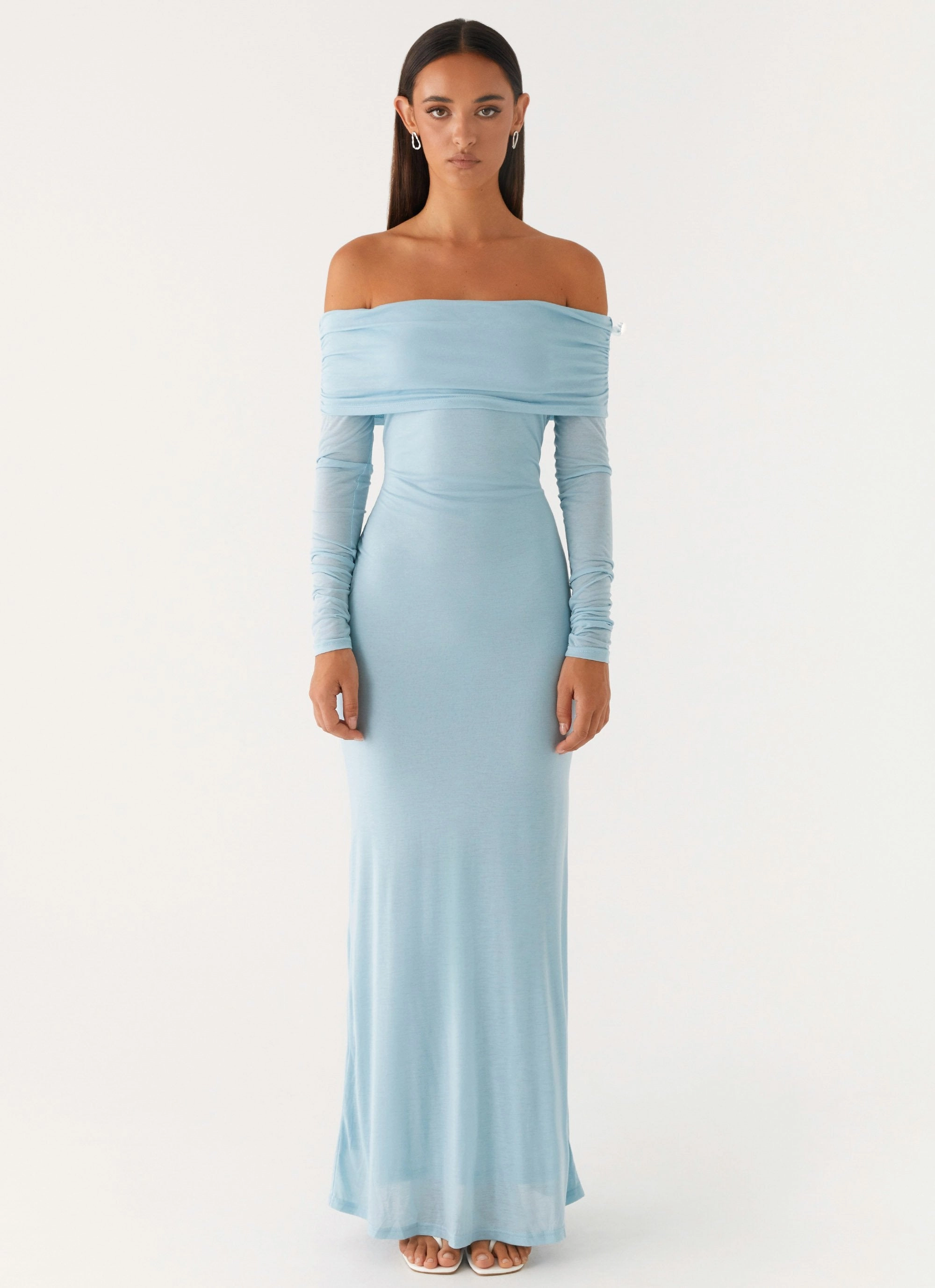 Cocoa Long Sleeve Maxi Dress - Blue Calm Shine Scalloped-Edge
