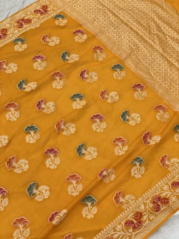 Pure Banarasi chiffon georgette Handloom Saree With Blouse Piece (J01)