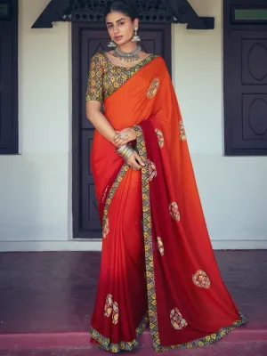 Pure Chiffon Printed Orange Saree with Designer Blouse