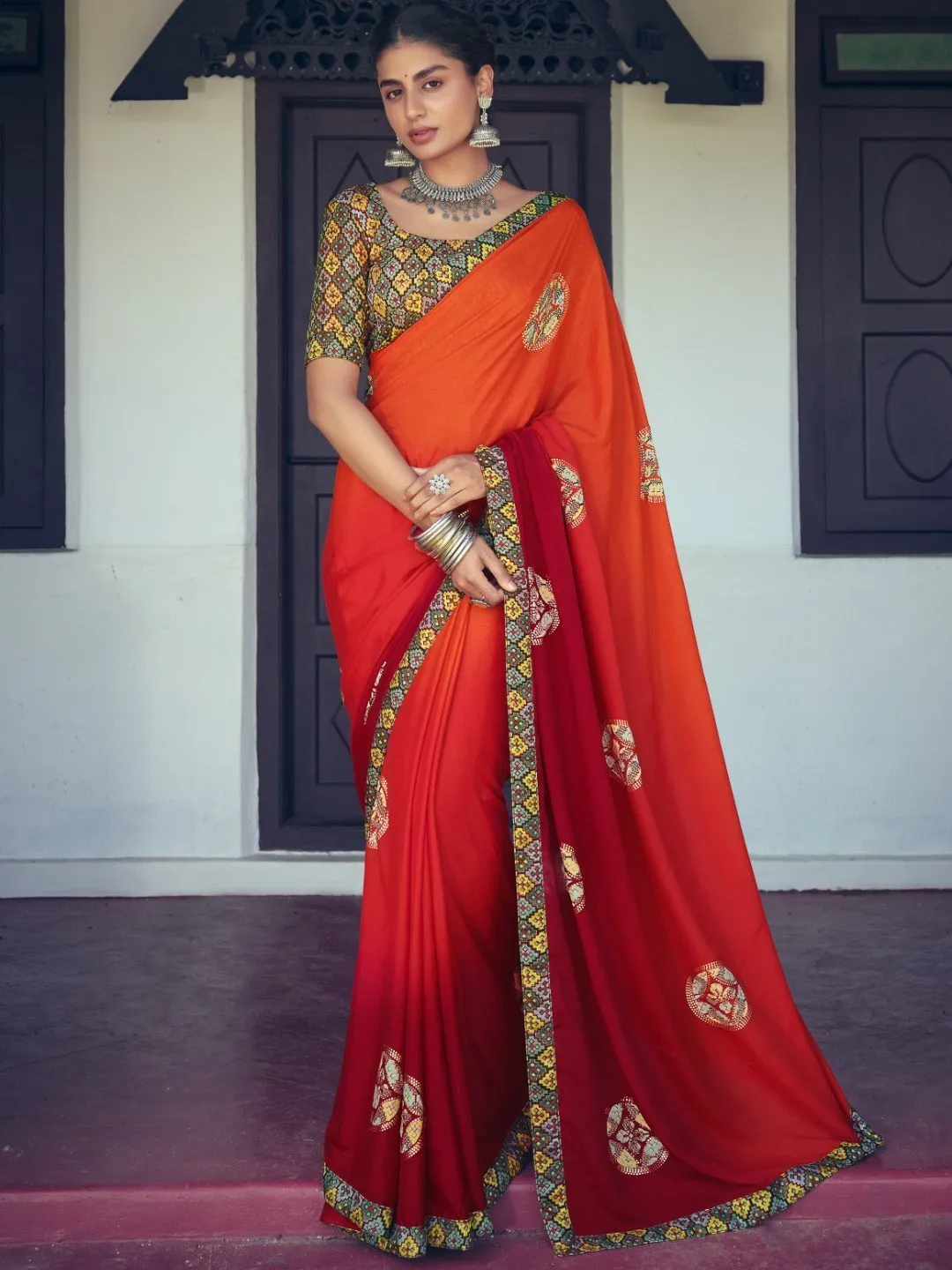 Pure Chiffon Printed Orange Saree with Designer Blouse