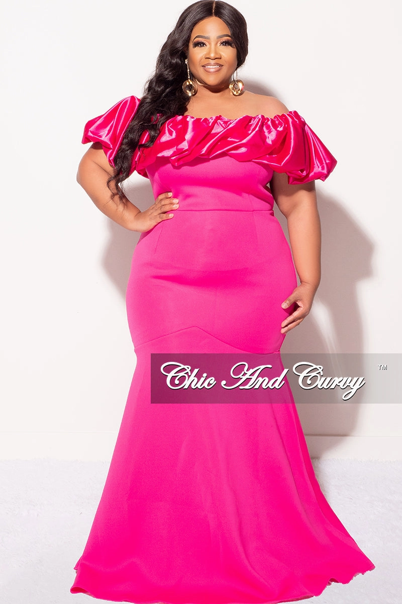 Final Sale Plus Size Scuba Off the Shoulder Satin Ruffle Long Gown in Fuchsia Scuba Fabric YarnDyeStripe AthleticInspired