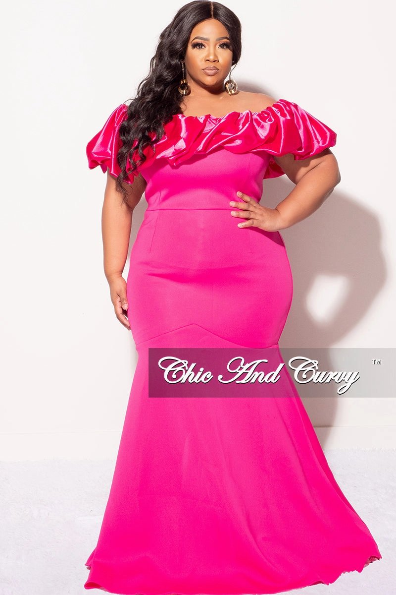 Final Sale Plus Size Scuba Off the Shoulder Satin Ruffle Long Gown in Fuchsia Scuba Fabric Sporty Hoodie