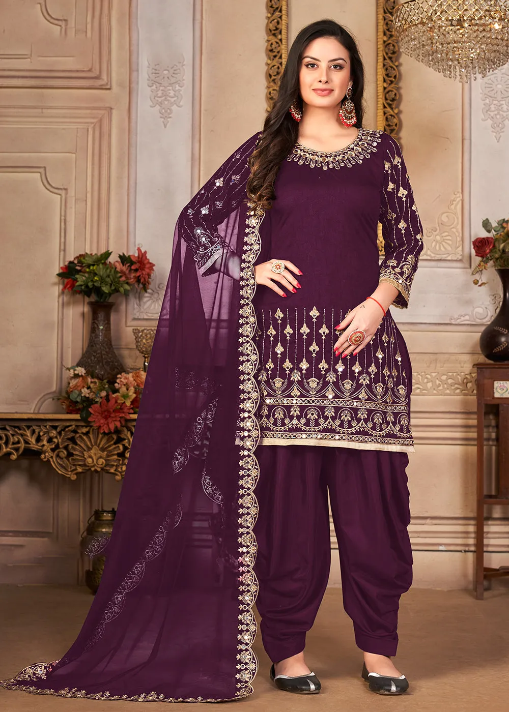 Purple Patiala Style Silk Crafted Punjabi Salwar Suit