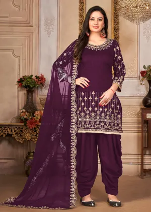 Purple Patiala Style Silk Crafted Punjabi Salwar Suit