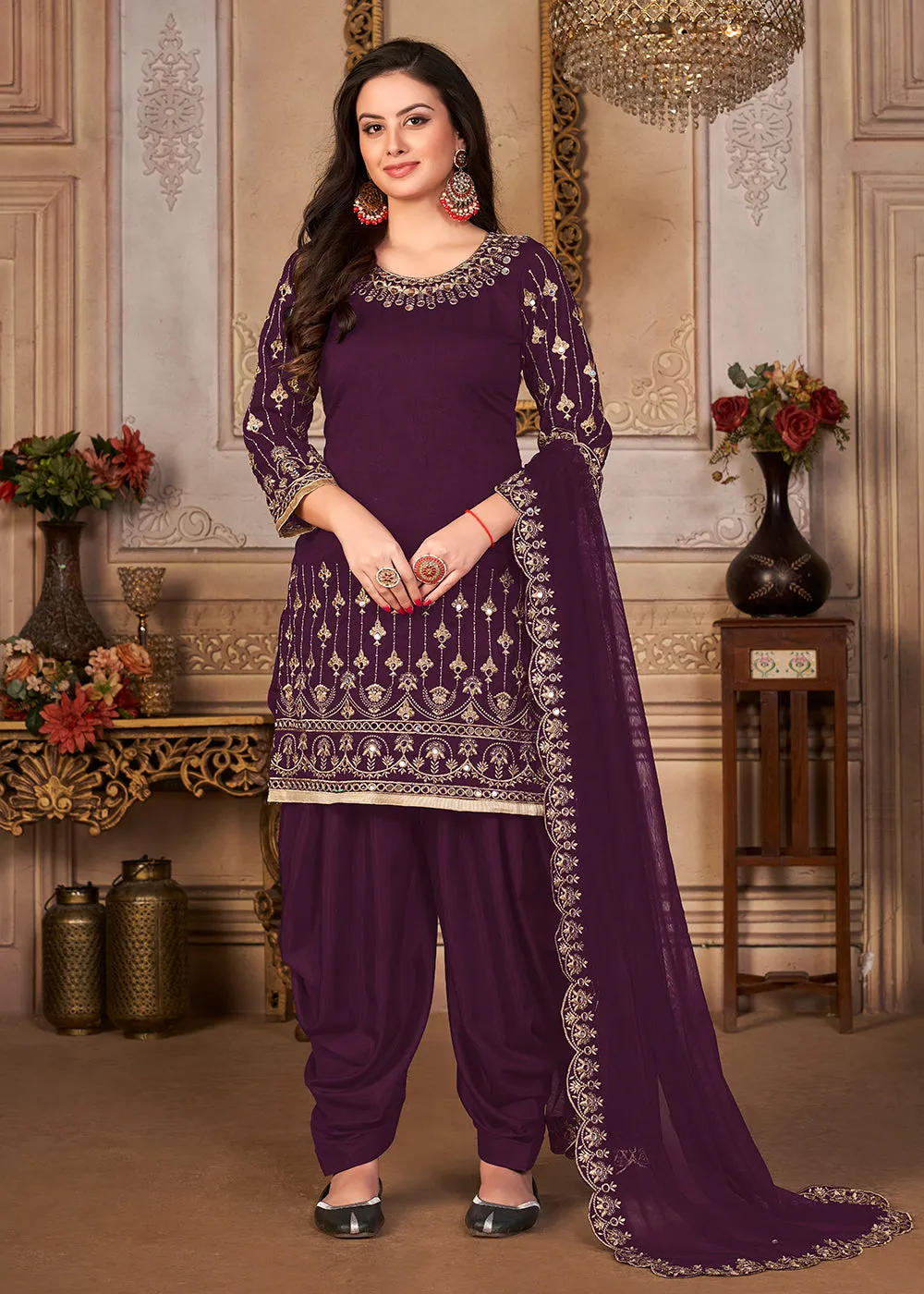 Purple Patiala Style Silk Crafted Punjabi Salwar Suit