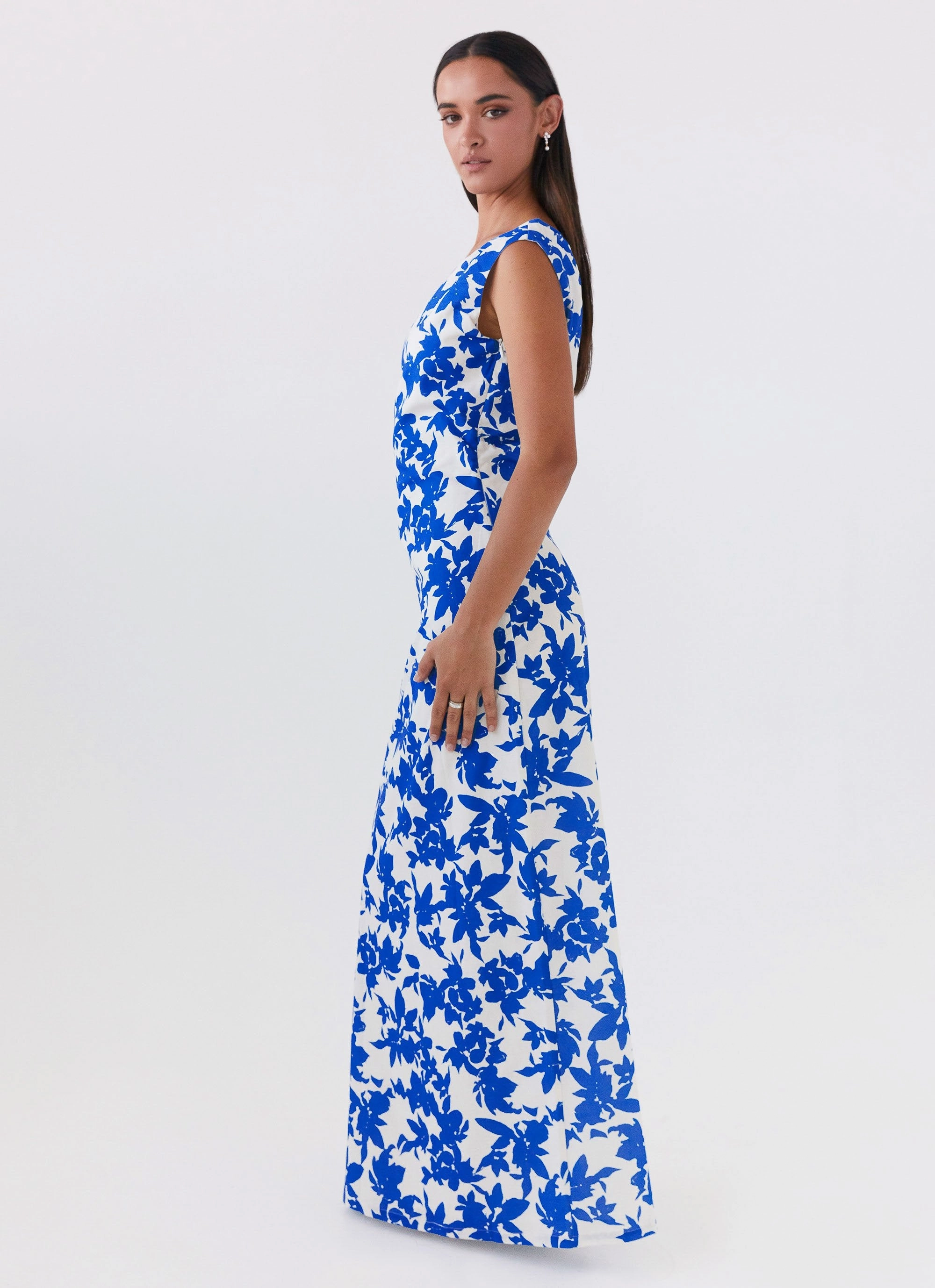 Pyper Off Shoulder Maxi Dress - Blue Floral Office Layer