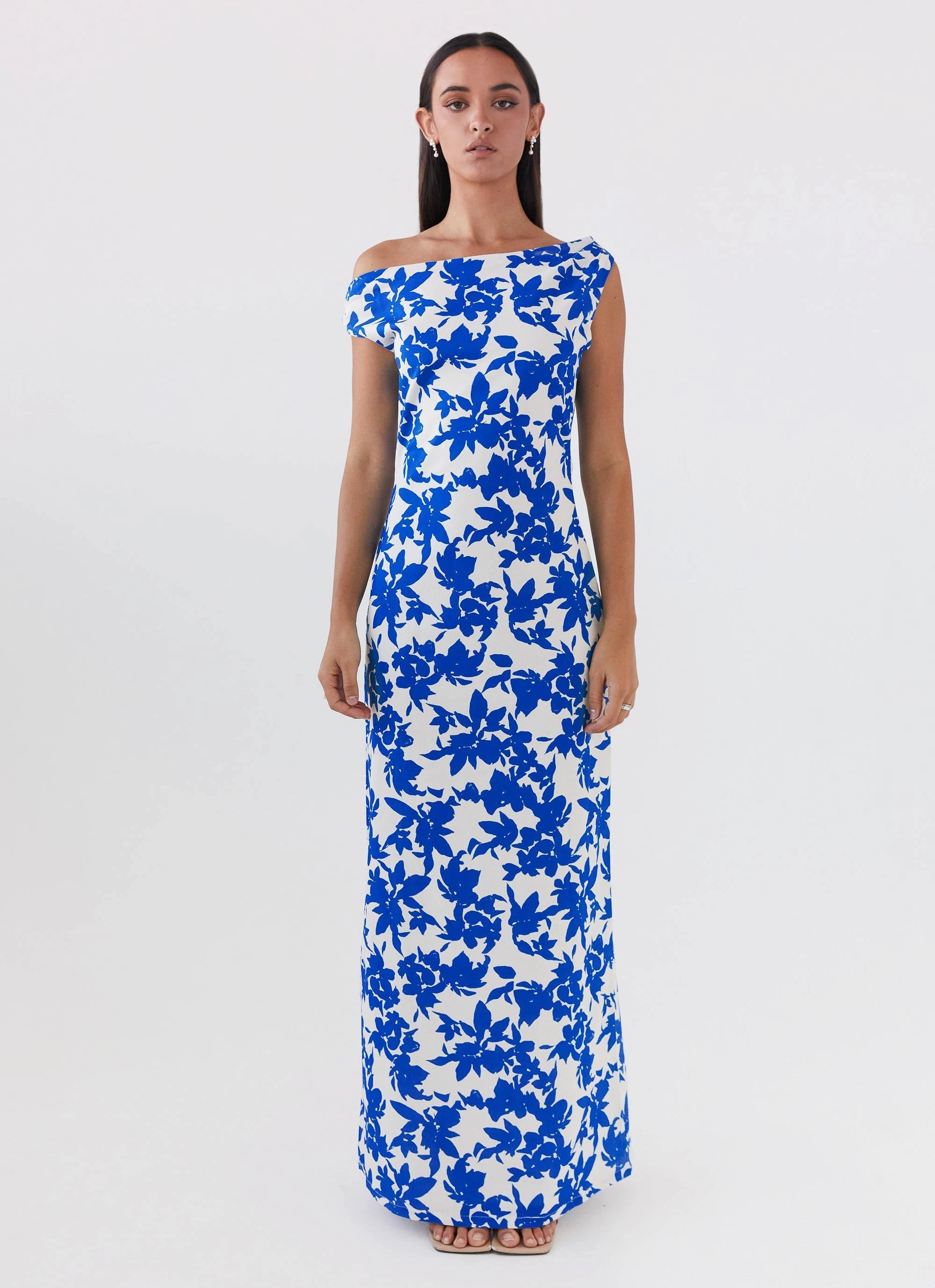 Pyper Off Shoulder Maxi Dress - Blue Floral Casual event outfit