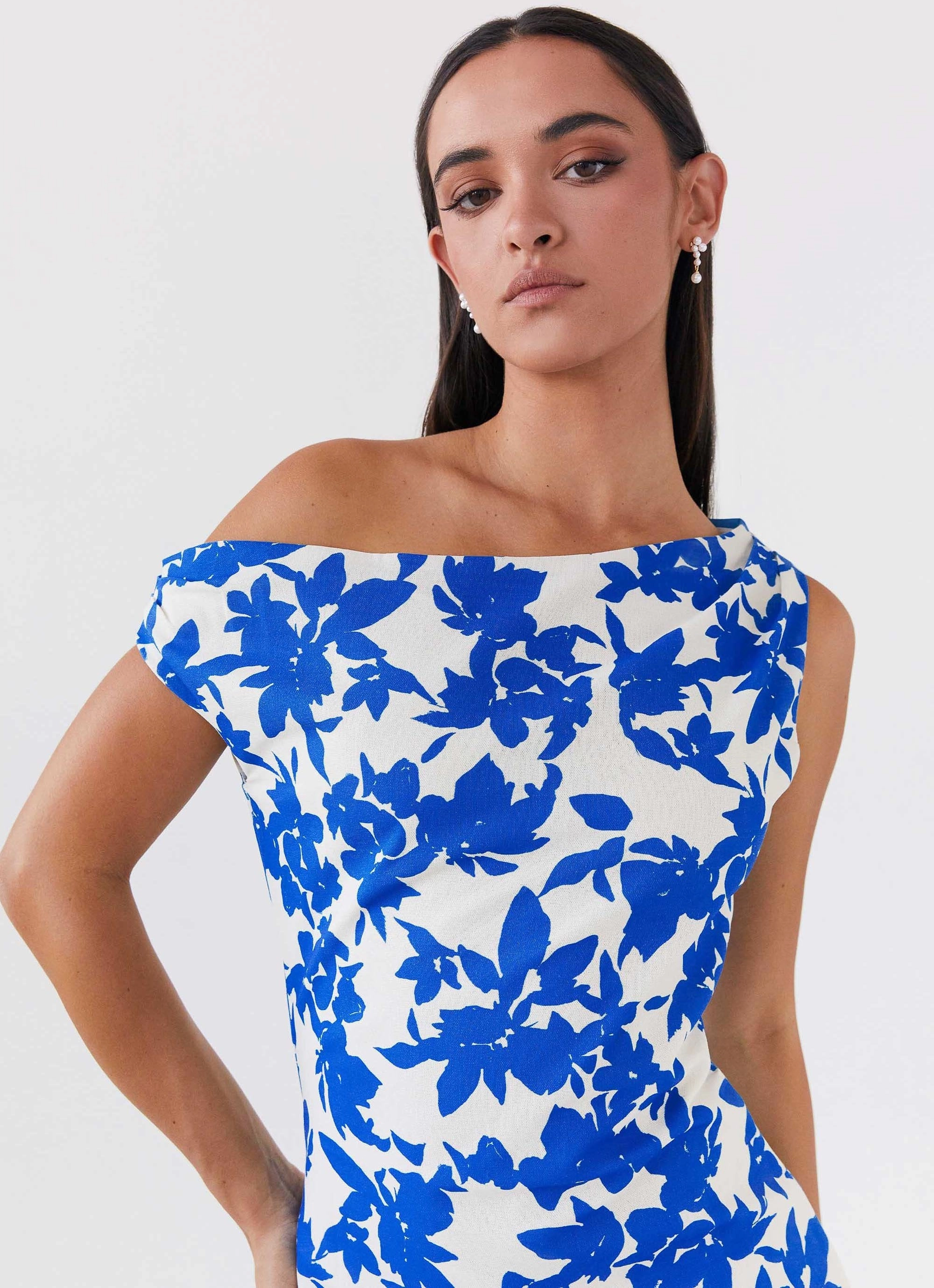 Pyper Off Shoulder Maxi Dress - Blue Floral Stylish Layer Smart Tones
