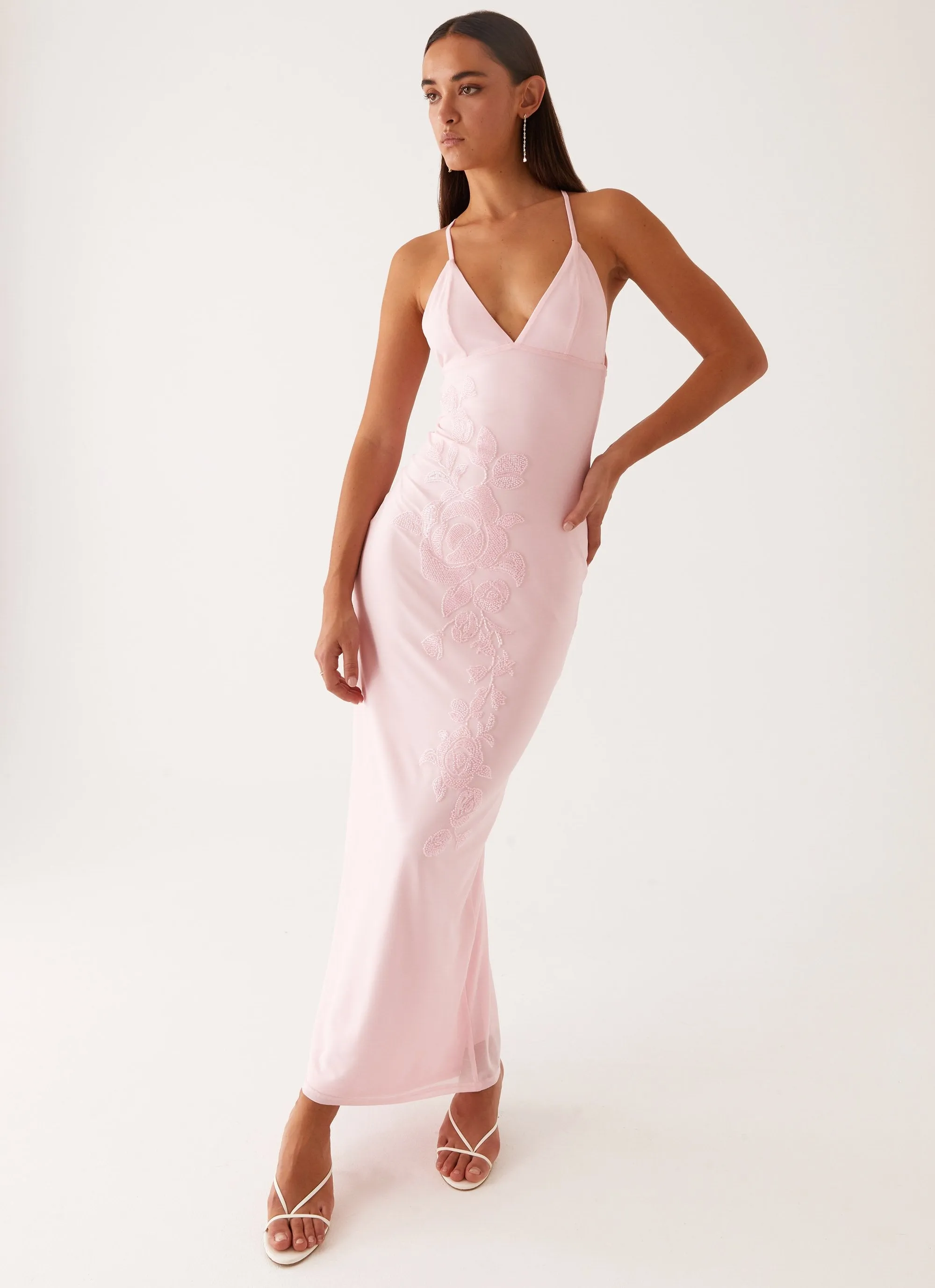 Art-Gallery Effortless Pair Beki Beaded Mesh Maxi Dress - Pink