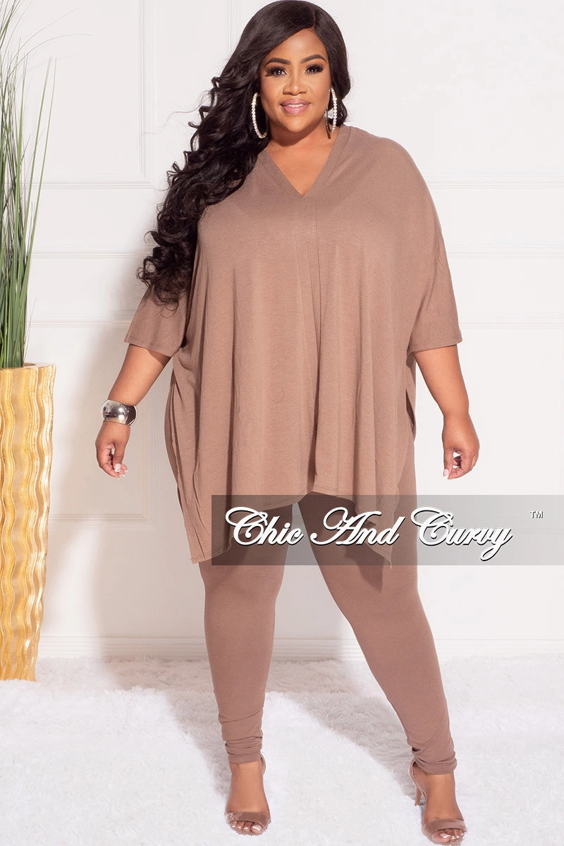Final Sale Plus Size 2pc V Neck Tunic Top and Matching Legging Set in Brown Functional Design