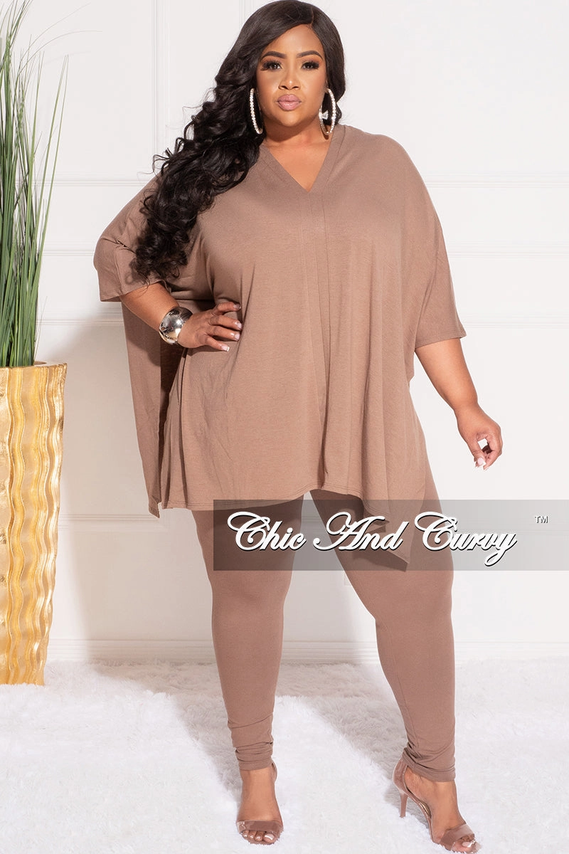 Final Sale Plus Size 2pc V Neck Tunic Top and Matching Legging Set in Brown Body Contour