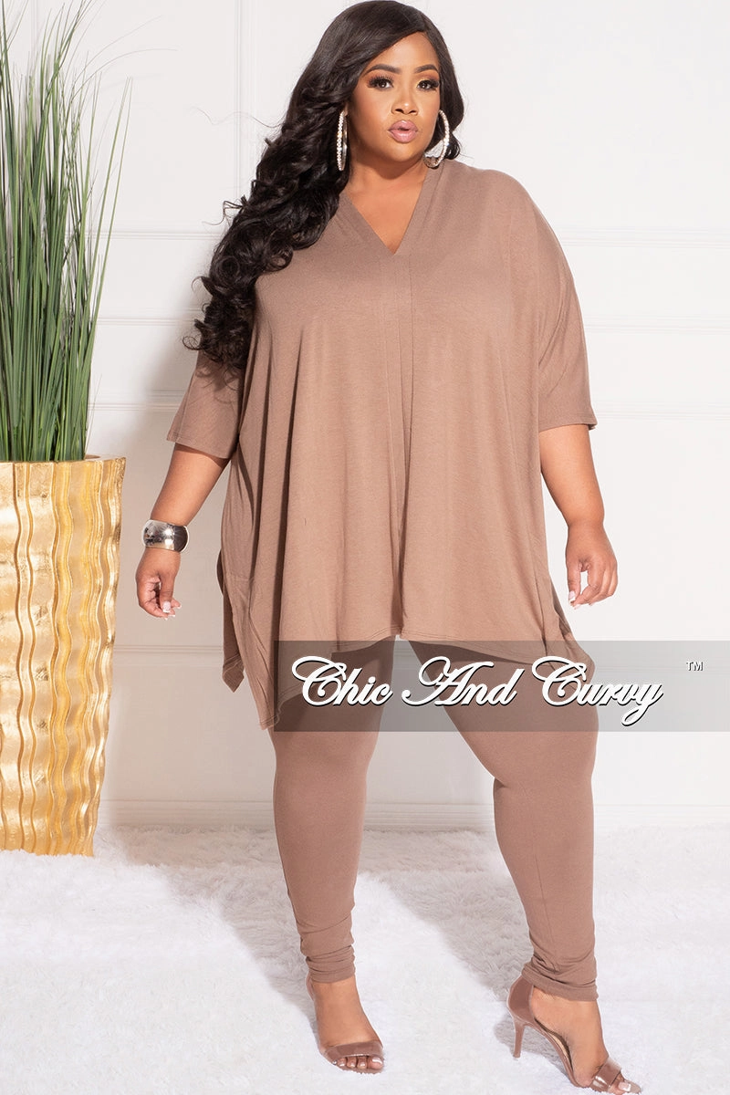 RuggedDurability Eco Friendly Dyeing Final Sale Plus Size 2pc V Neck Tunic Top and Matching Legging Set in Brown