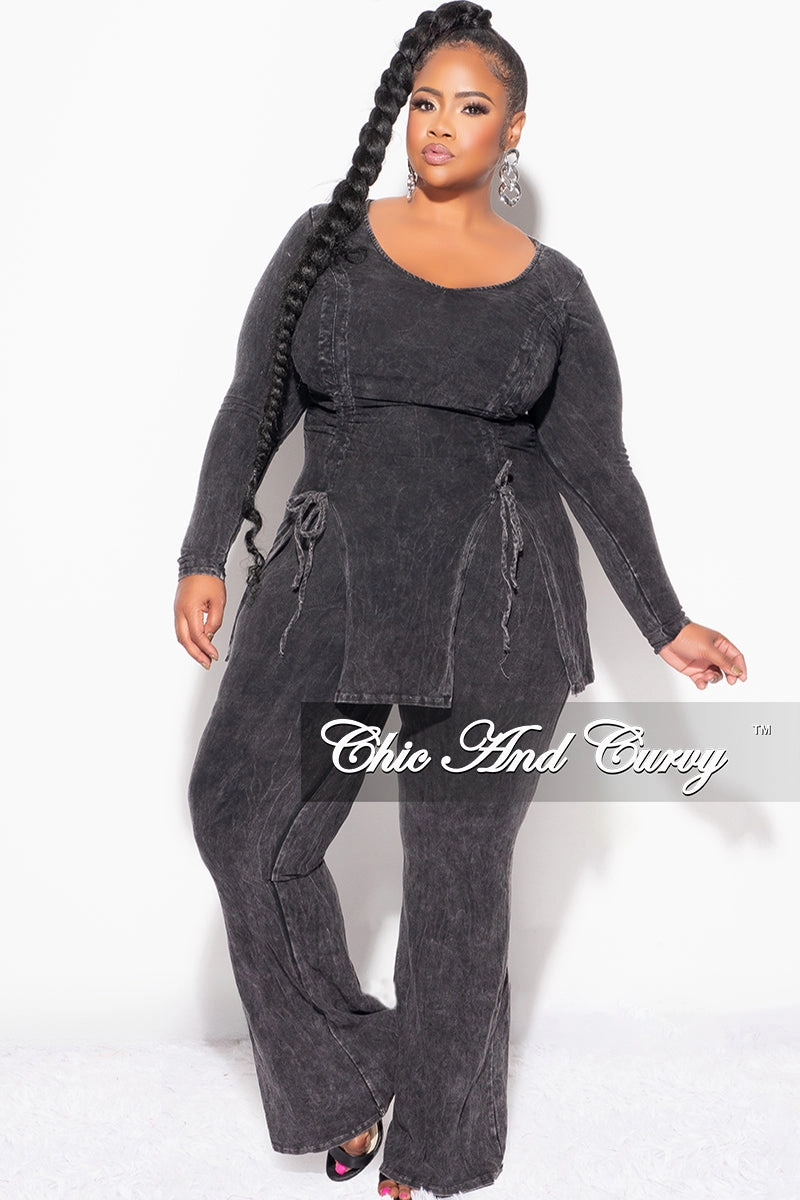 Fashionable Design Moisture Management Final Sale Plus Size 2pc Ruched Drawstring Double Slit Top and Pants Set in Black