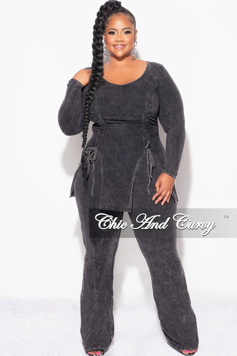 Final Sale Plus Size 2pc Ruched Drawstring Double Slit Top and Pants Set in Black DoubleLayeredHem Seasonless wear