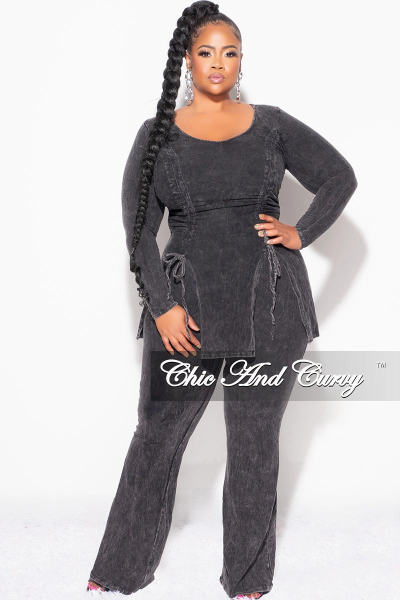 Chic Vibe Ripstop Fabric Technology Final Sale Plus Size 2pc Ruched Drawstring Double Slit Top and Pants Set in Black