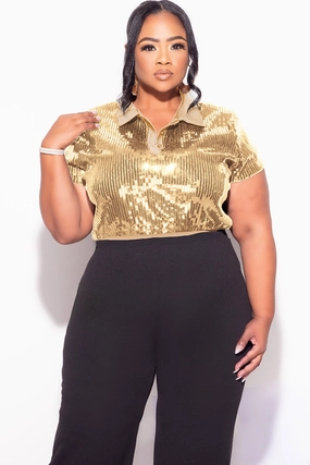 Hot Weather Final Sale Plus Size Collar Sequin Top in Gold