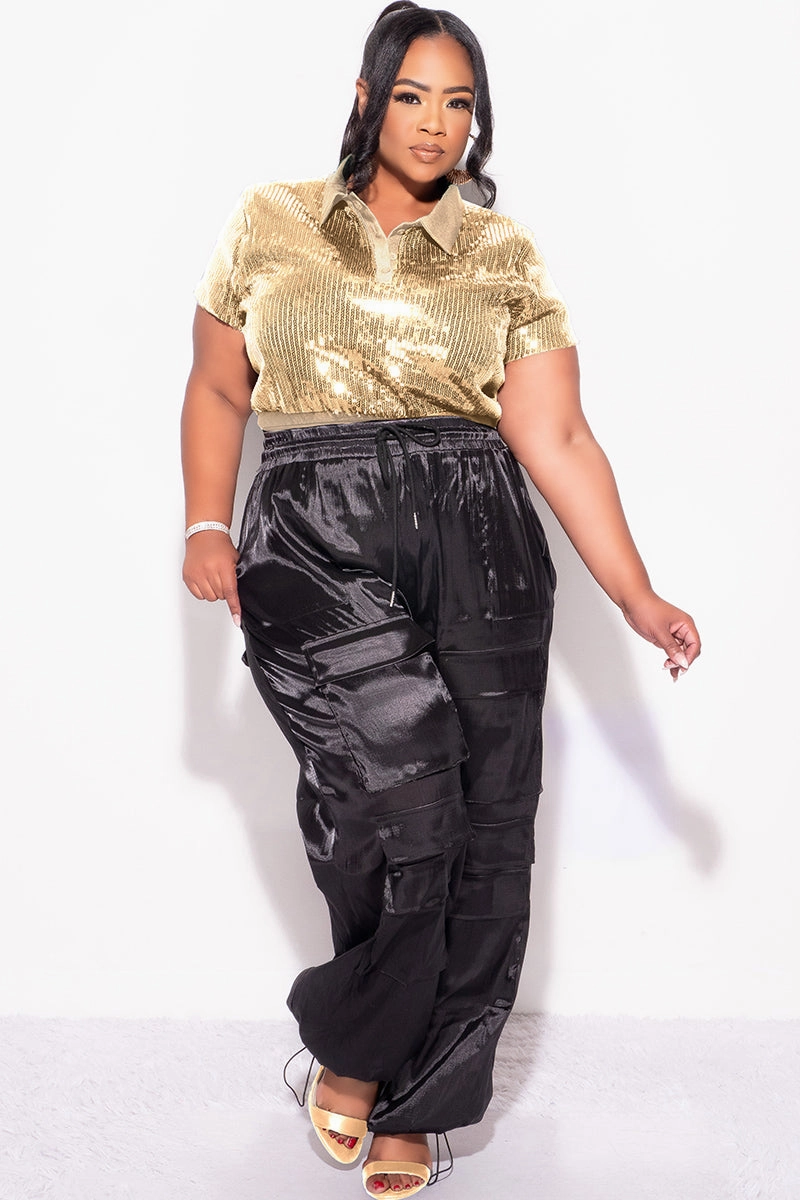 Final Sale Plus Size Collar Sequin Top in Gold TwillWeave
