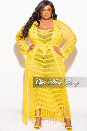 Chic Comfort Mesh Panel Final Sale Plus Size Crochet Cardigan with Tie in Yellow