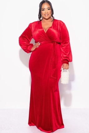 DoubleLayeredFabric Ultraviolet Protection Fabric Final Sale Plus Size Faux Wrap Gown with Tie Belt in Red Velvet