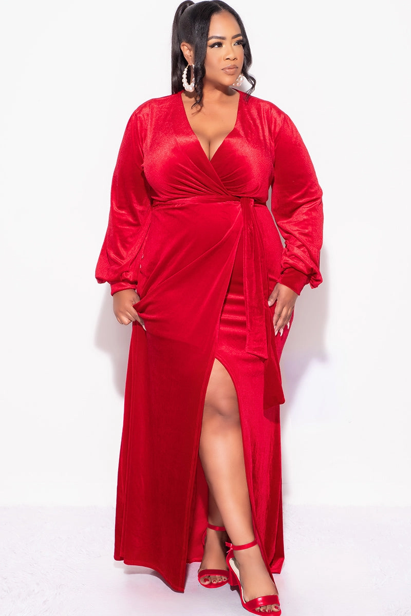 Final Sale Plus Size Faux Wrap Gown with Tie Belt in Red Velvet Eco Conscious Dye Process