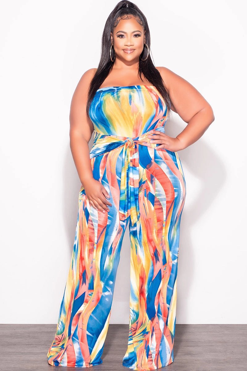 Final Sale Plus Size Strapless Jumpsuit with Waist Tie in Multi Color Print Ultimate Wear Compact Storage