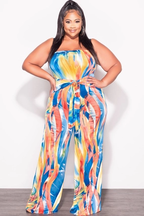 Weather Flex Final Sale Plus Size Strapless Jumpsuit with Waist Tie in Multi Color Print