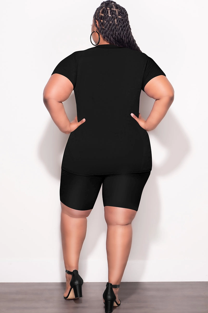 Final Sale Plus Size 2pc V Neck Biker Shorts Set in Black Sporty Chic