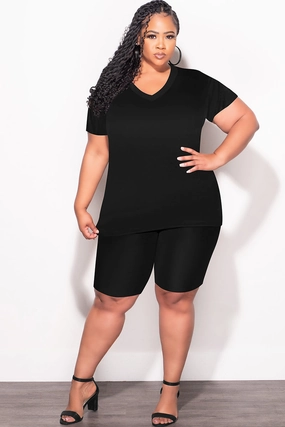 SecureClosureSystem Mesh Panel Final Sale Plus Size 2pc V Neck Biker Shorts Set in Black