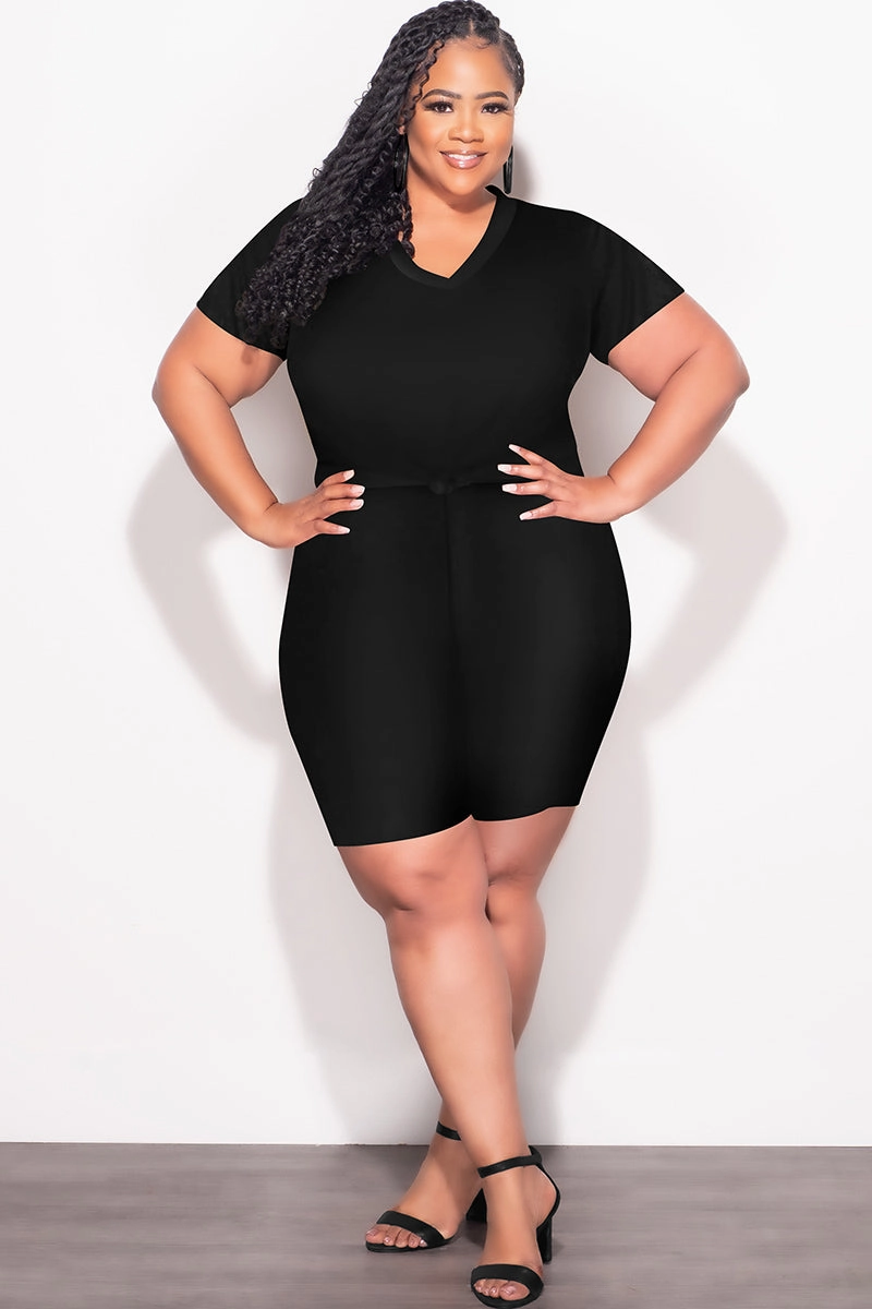 Final Sale Plus Size 2pc V Neck Biker Shorts Set in Black BreathableLining Seasonless wear