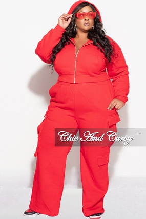 Final Sale Plus Size 2pc Zip-Up Hooded Top and Cargo Sweatpants in Red Perfect Silhouette