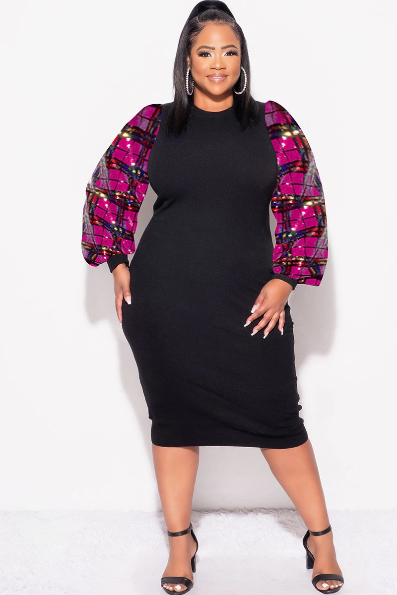 Final Sale Plus Size Mid Sweater Dress With Multi Color Sequin Sleeves in Black Sleek lines Minimal Waist