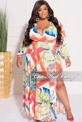 Final Sale Plus Size Faux Wrap Maxi Dress with Double Slits in Multi Color Chain Floral Print SecureCargoPockets Neutral Style