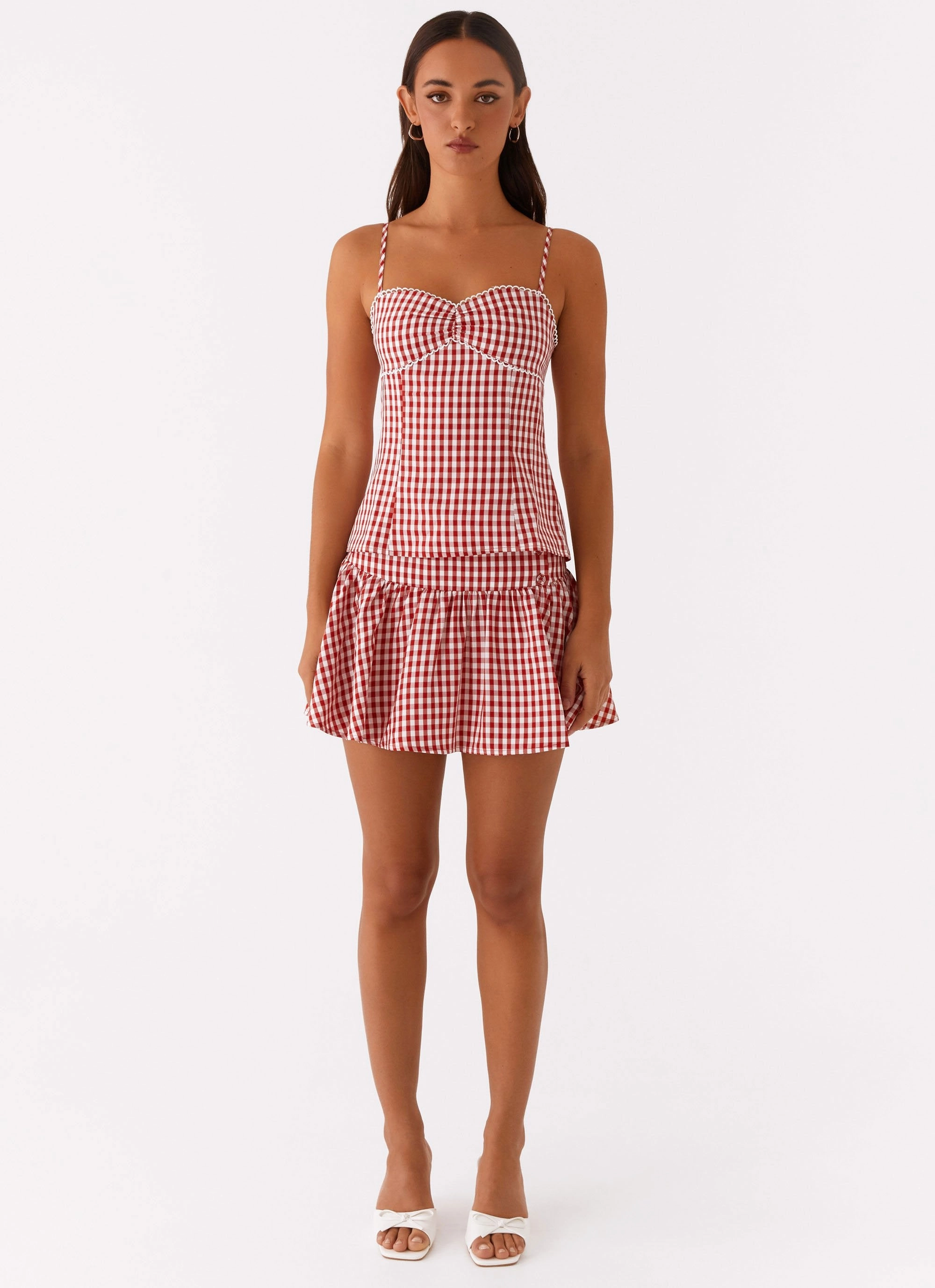 Bellamy Top - Red Gingham Architectural Tailoring FasteningHood