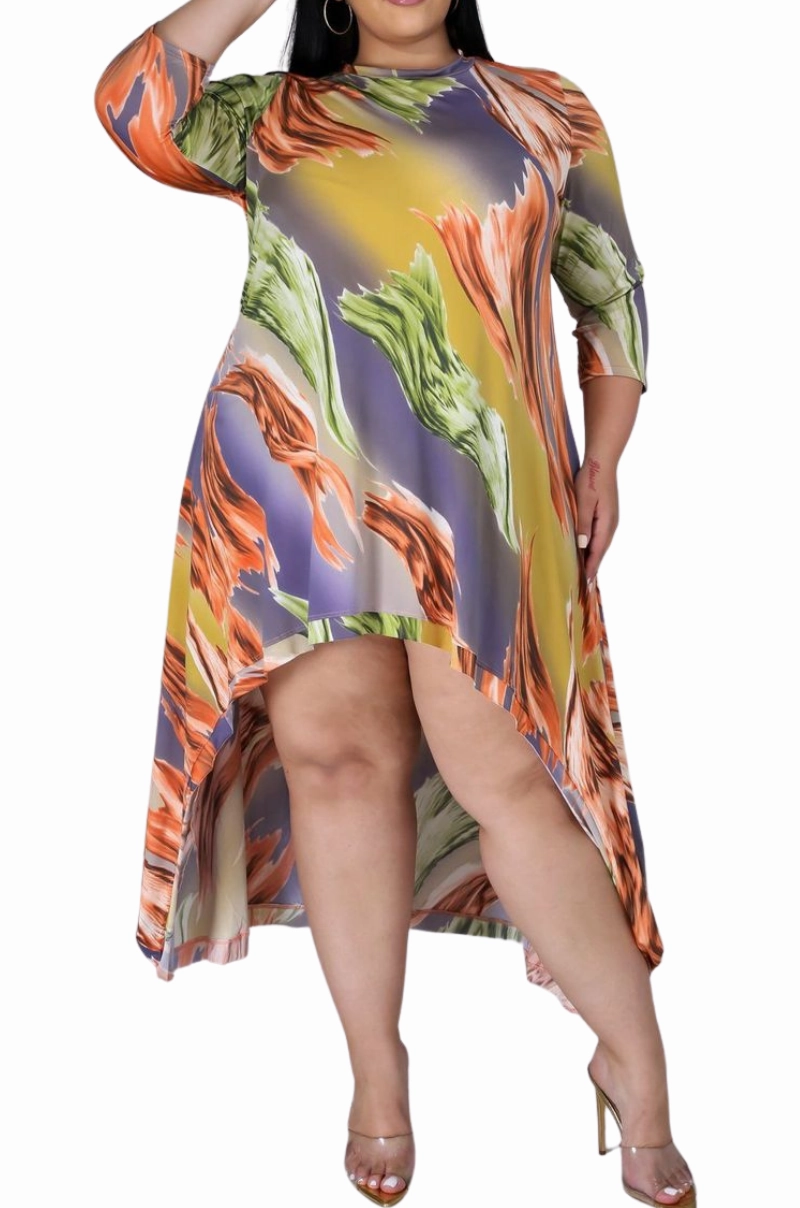 Final Sale Plus Size Hi-Low Dress in Multi-Color Print Versatile Wearable Thermal Regulating Fabric