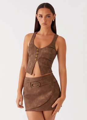 West District PU Mini Skirt - Brown Simple Silhouette