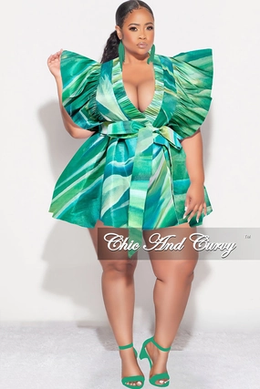 Trendy Appeal Durable Construction Final Sale Plus Size Ruffle Trim Babydoll Bubble Dress in Green Print