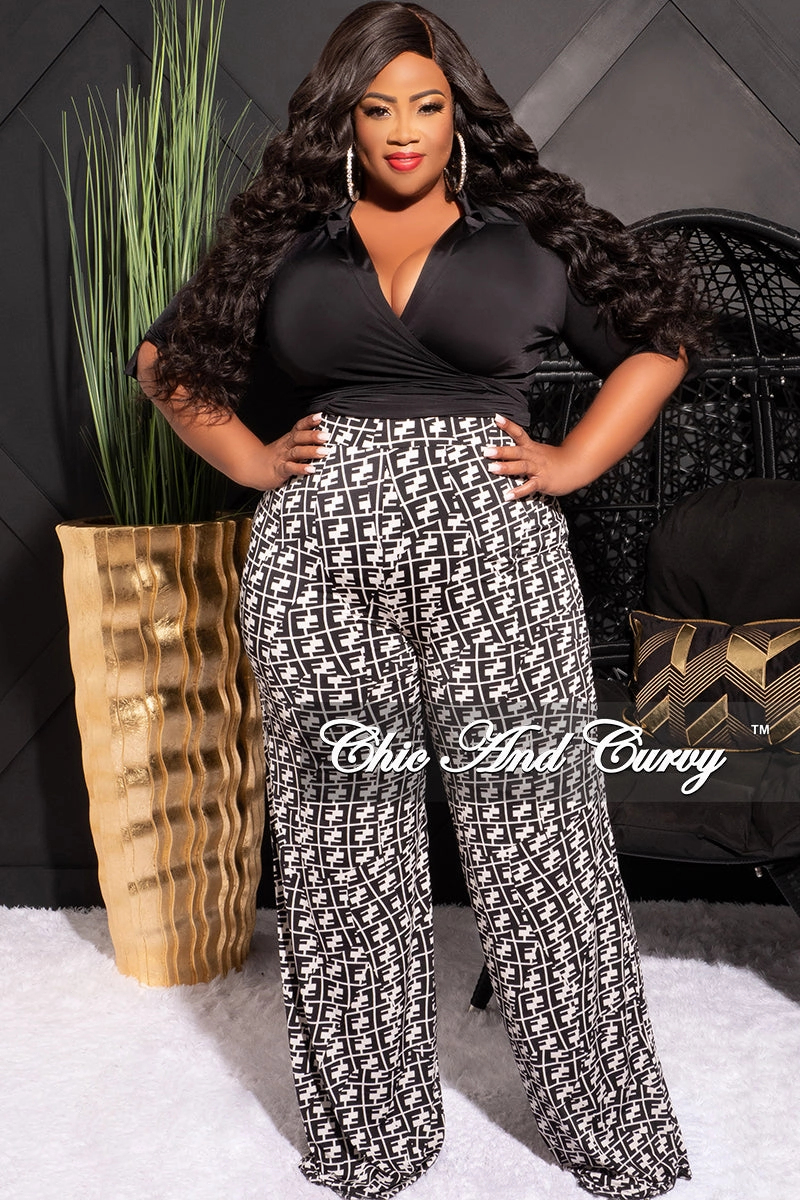 Flattering Comfort Wear Final Sale Plus Size 2pc Long Sleeve Faux Wrap Collar Black Crop Tie Top and Pants in Black & White Maze Print