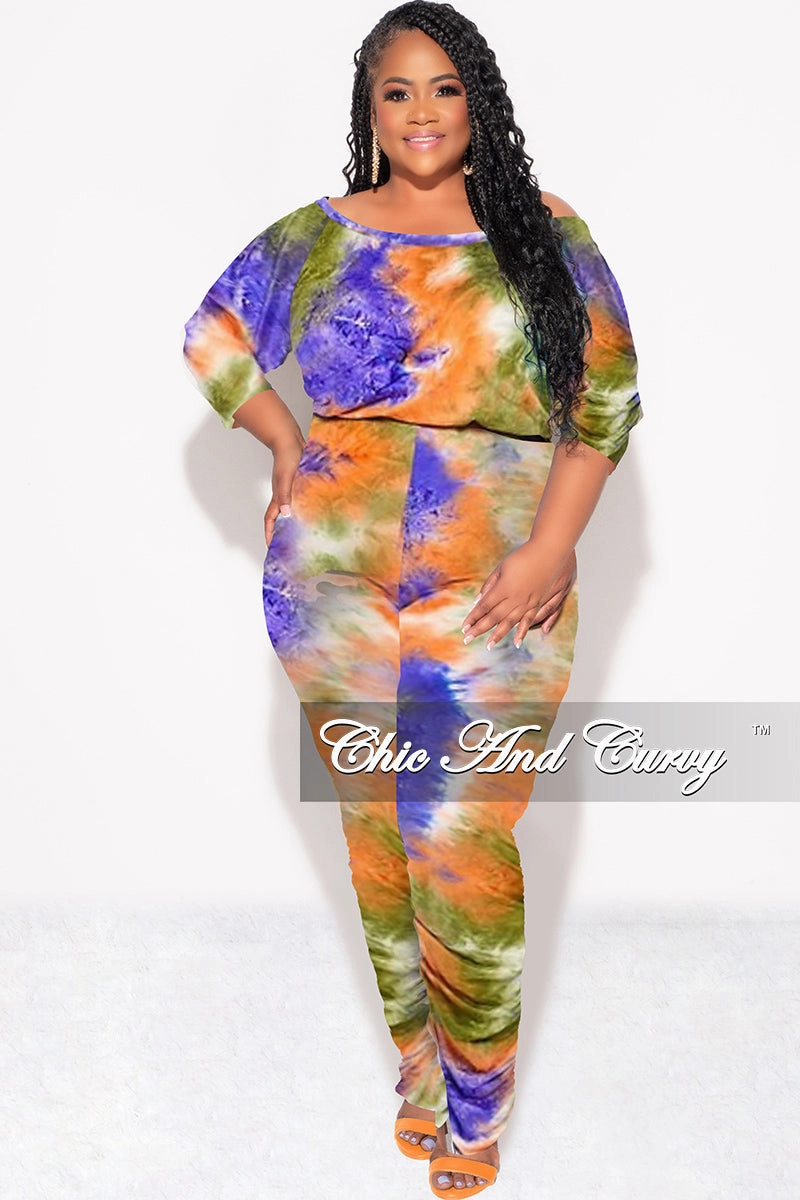 Final Sale Plus Size Jumpsuit with Ruched Legs in Purple, Green, Orange Tie Dye Minimalist Fit Compact Fit