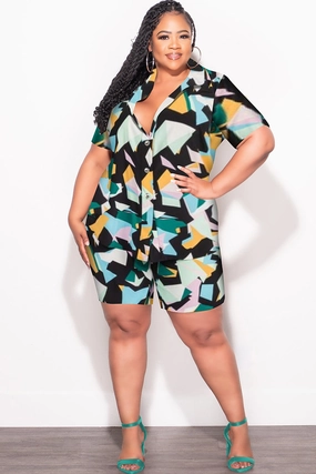 Flexible Fit Casual Performance Fit Final Sale Plus Size 2pc Collar Button Up Top and Shorts Set in Mint Multi Color Print