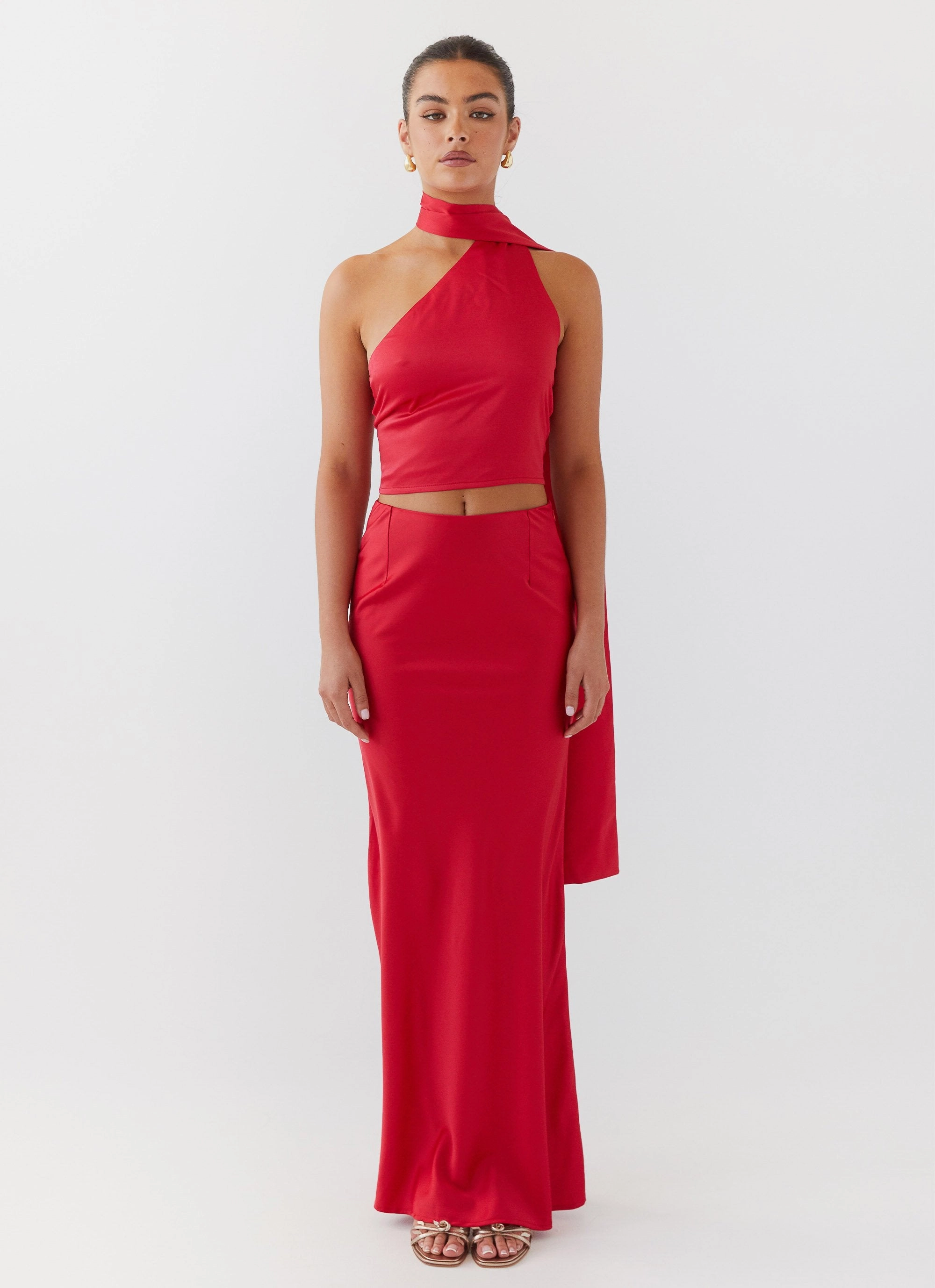 Josefina Satin Maxi Skirt - Rouge Red Flared bottom