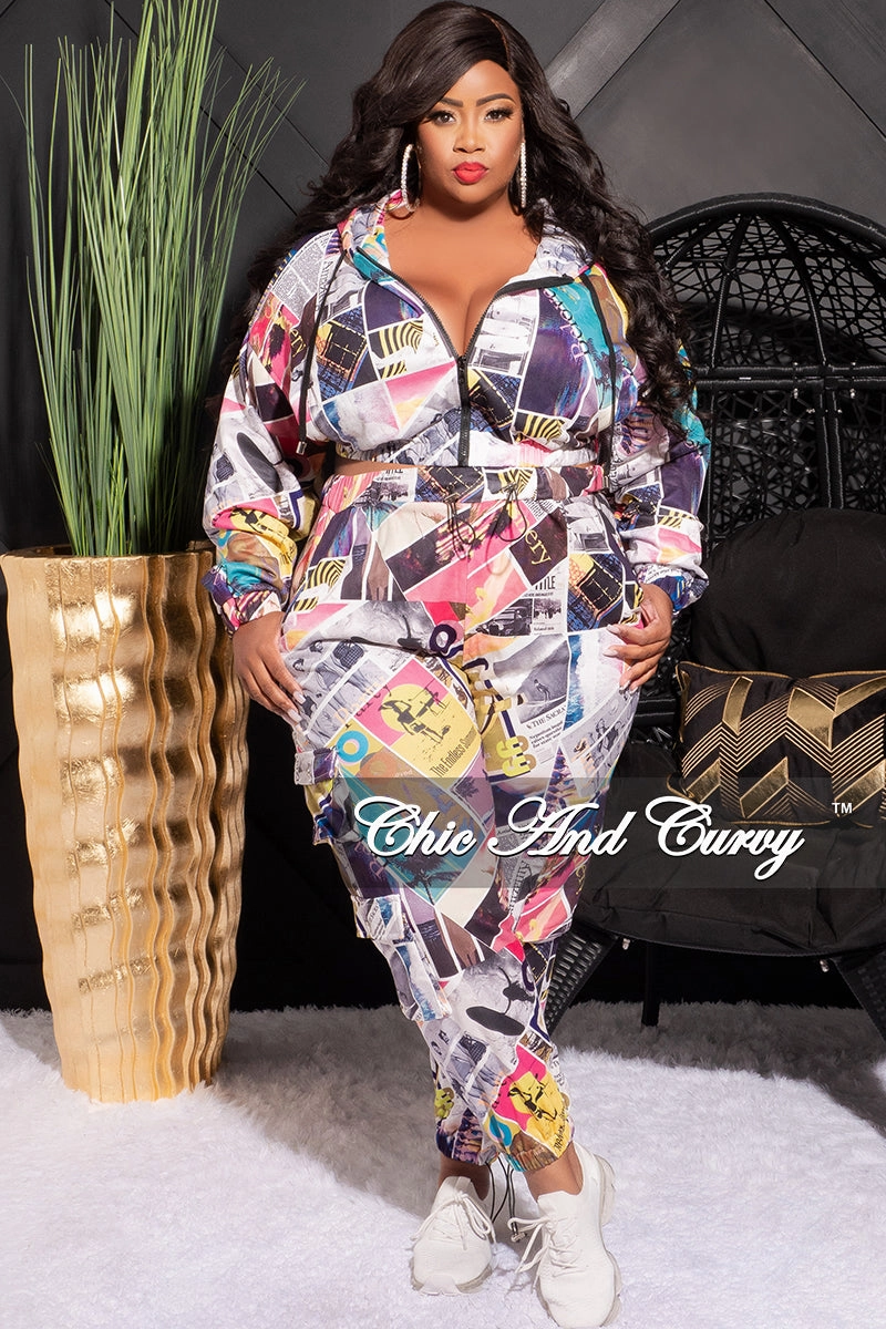 Final Sale Plus Size 2pc Hooded Crop Zip Up Jacket and Jogger Pants Set in Yellow, Pink and Mustard Multi Color Print Functional fashion wear Cold Weather Gear