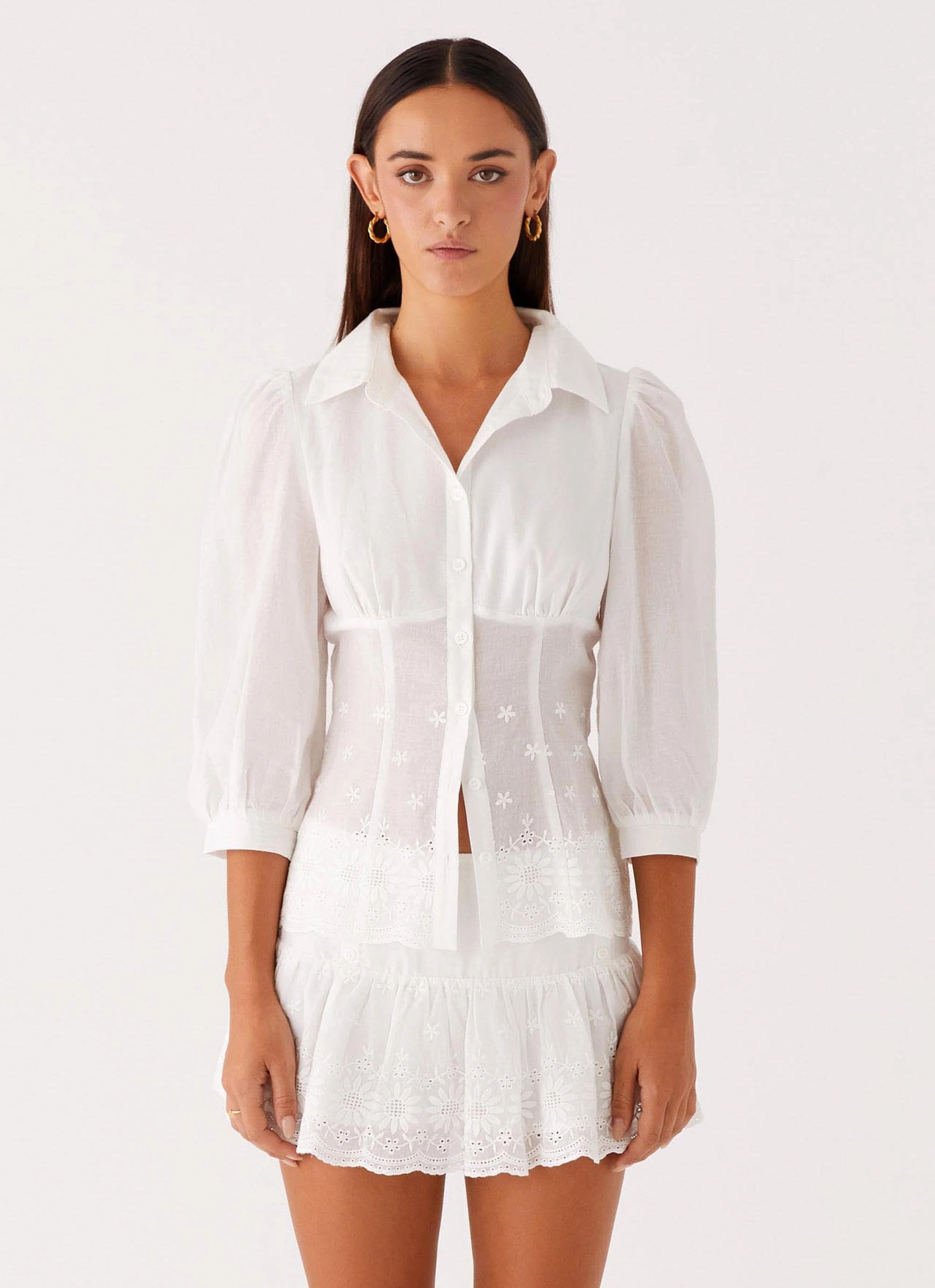Frida Broderie Top - White Shape Retention Fabric