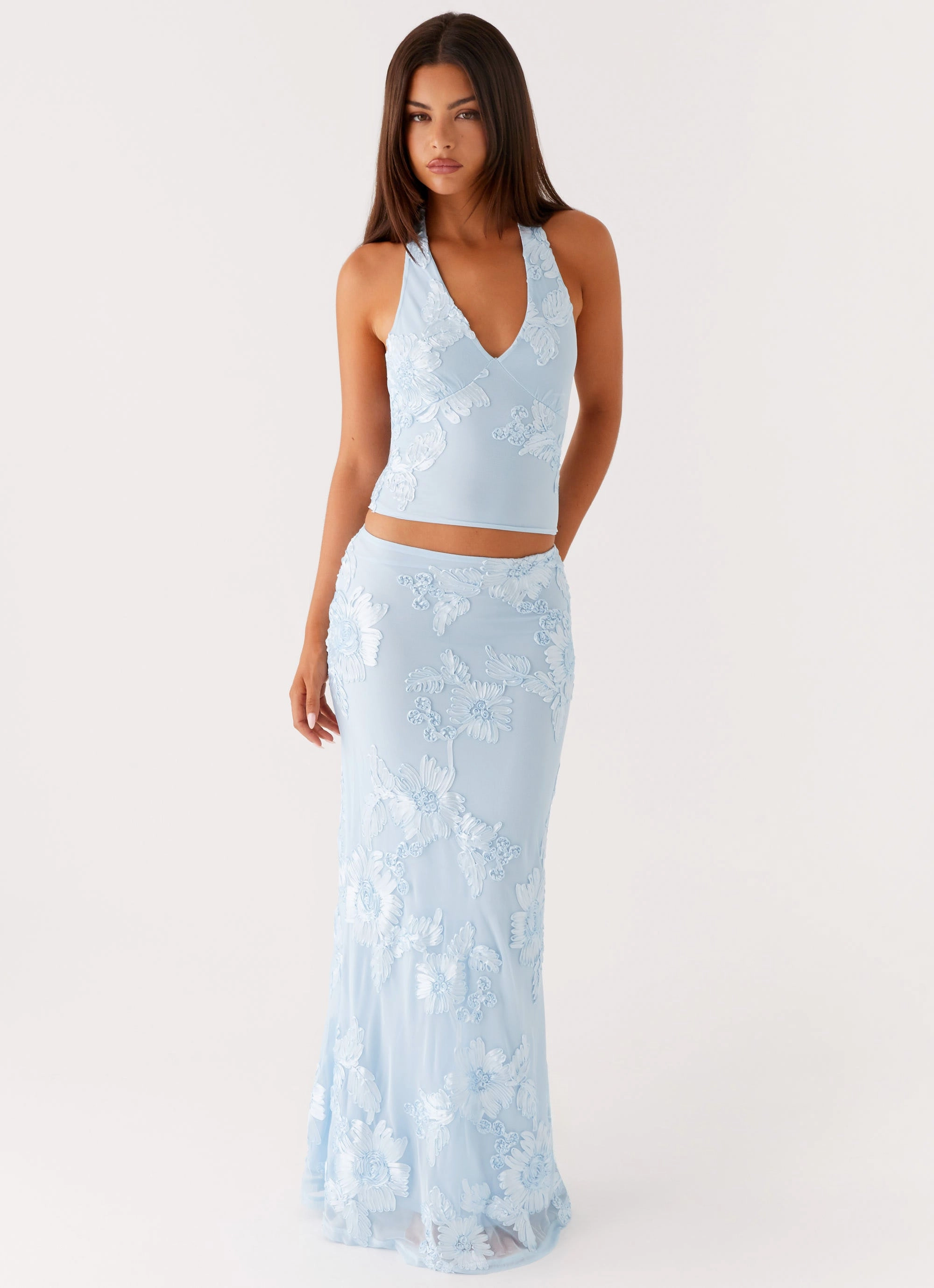 Radiate Halterneck Top - Blue BreathableMesh Layered Collar Design