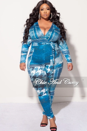 Water-resistant Final Sale Plus Size Faux Wrap Jumpsuit with Attached Tie in Denim Print