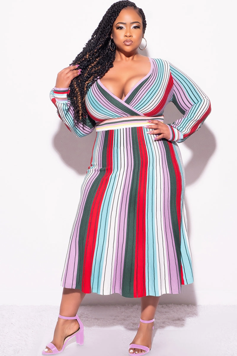 Performance Support Breathable Material Final Sale Plus Size Knit Sweater Dress  Multi Color Stripe Print