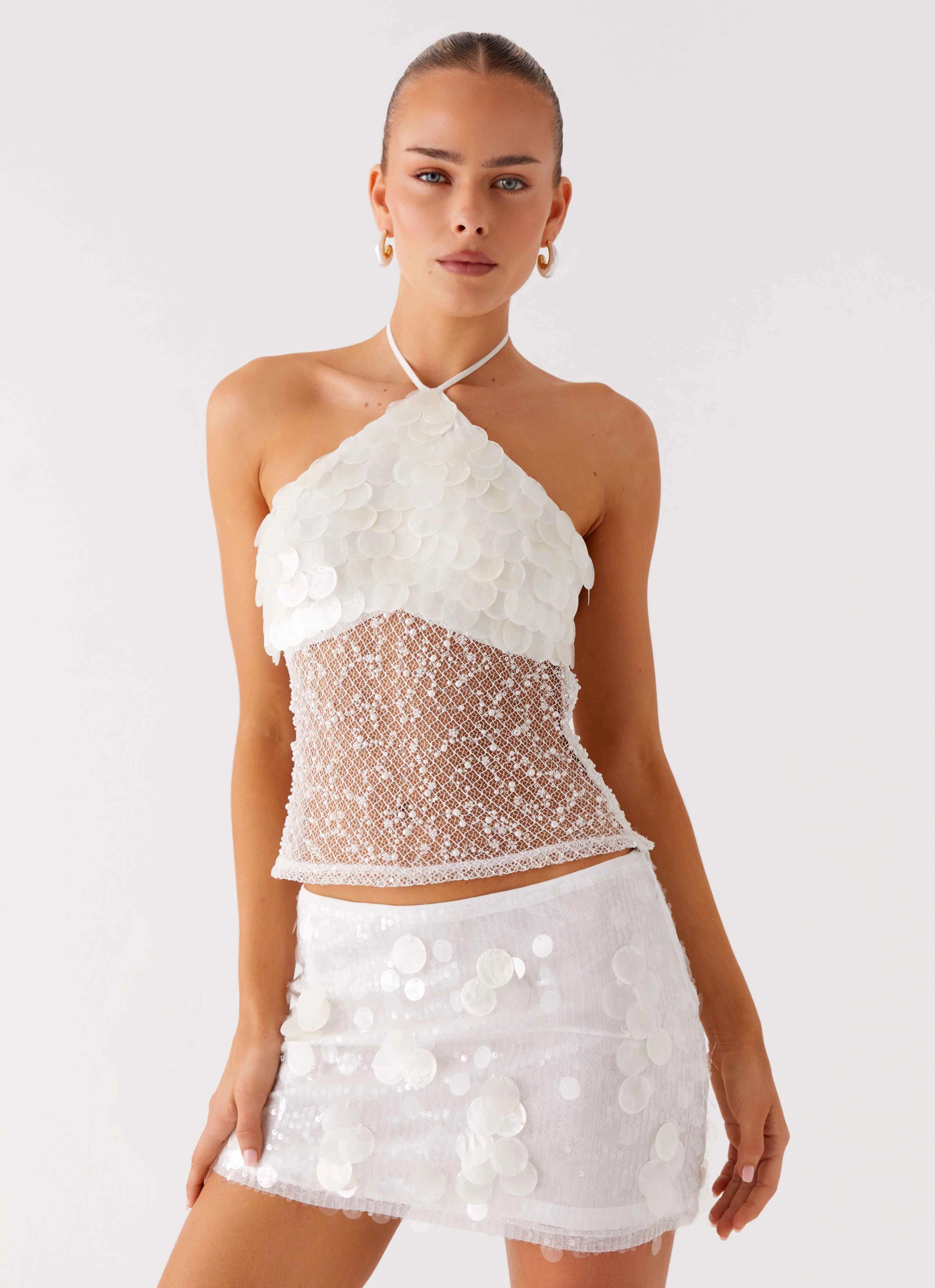 Shelly Halter Top - White WideNeckline FrictionResistant Edges