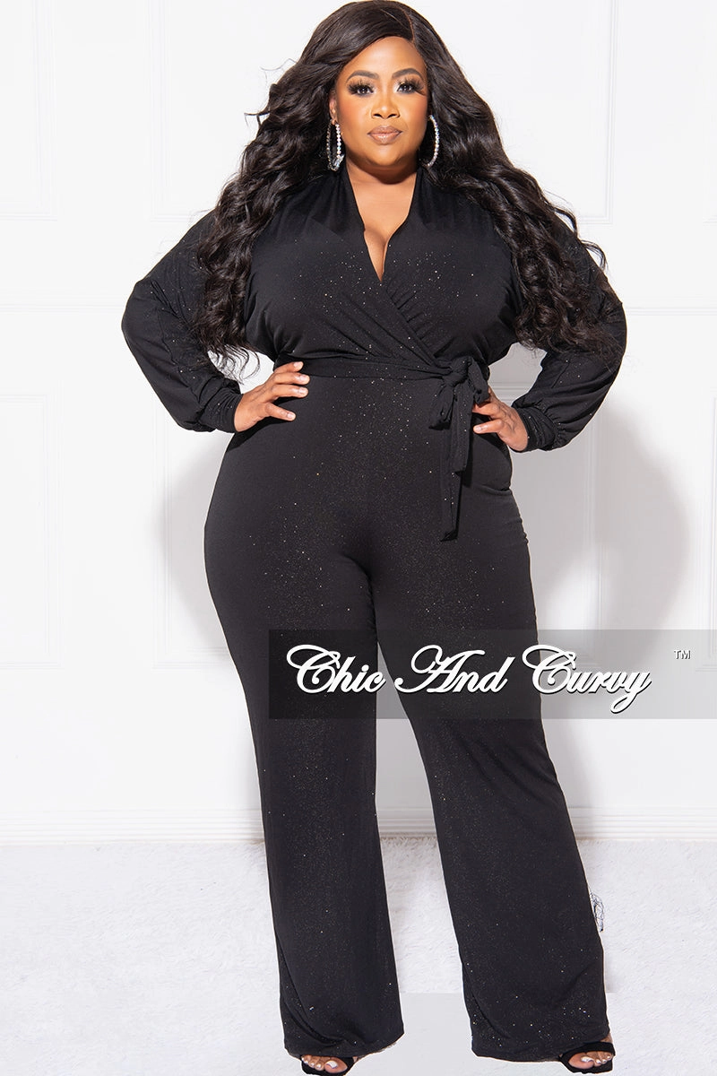 Taped Neckline Tailored Seams Final Sale Plus Size Faux Wrap Jumpsuit with Tie in Black Glitter